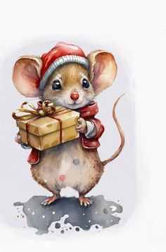 a painting of a mouse holding a present