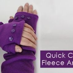 a woman's hand in purple gloves with the words quick crochet fleece arm warmers