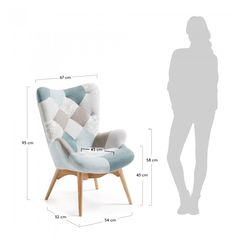 a person standing next to a chair with measurements