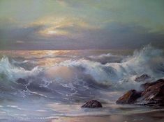 an oil painting of waves crashing on the shore at sunset, with sun peeking through the clouds