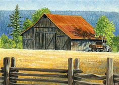 a painting of an old barn with a truck parked in front of it and trees behind the fence