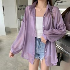 Color: Purple, Size: One Size Purple Shirt Outfit, Long Sleeve Chiffon Shirt, Sunscreen Clothing, Purple Shirt, Long Sleeves Coats, Chiffon Long Sleeve, Loose Shirts, Blue Outfit, Summer Fabrics