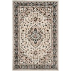 a rug with an ornate design on the front and back side, in beige tones