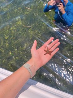 a person holding out their hand with a starfish in the water next to them