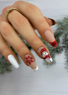 Snow Man Nails /holiday Snowflakes Press on Nails /winter Nails/red Plaid Nails /xmas Glue on Nails /holiday Nails/ Red and White - Etsy Christmas Nails Nail Polish, Holiday Nail Inspo Winter, Christmas Nail Art Ideas & Design, Holiday Nails Snowmen, Snow Man Nail Design, Thanksgiving Nail Art Fall, Christmas Nails Detailed, Short Nail Holiday Designs, Winter Snowman Nails