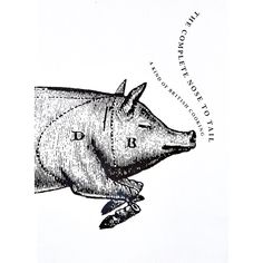 an ink drawing of a pig with words above it