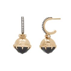 A pair of drop hoops with a black spinel hanging from them with white diamond accents on either side set in yellow gold with white diamond pave set in black rhodium one earring angled. Classic White Gold Jewelry With Black Spinel, White Gold Black Spinel Gemstone Jewelry, Luxury White Gold Jewelry With Black Spinel, Gold Jewelry With Black Spinel, Luxury Black Spinel Jewelry With Polished Finish, Anna Sheffield, Bespoke Jewellery Design, Talisman Necklace, Grey Diamond