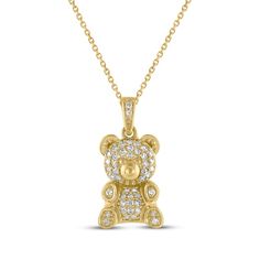 This diamond necklace from the Teddy Bear Jewelry Collection honoring St. Jude® reflects your thoughtfulness. 10K yellow gold The contoured teddy bear pendant shimmers with pavé-set round-cut diamonds on belly, paws and bail Total diamond weight is 1/5 carat 16- to 18-inch adjustable cable chain with lobster clasp In celebration of the launch of the Teddy Bear Jewelry Collection Honoring St. Jude®, KAY® Jewelers is donating $50,000 to St. Jude Children's Research Hospital® this year Your individ Teddy Bear Bracelet, Teddy Bear Pendant, Gold Layered Bracelets, Pearl Diamond Jewelry, Bear Jewelry, Cross Jewelry Necklace, Fan Jewelry, Wedding Day Gifts, Bear Necklace