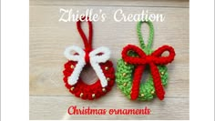 two crocheted christmas ornaments with bows on them