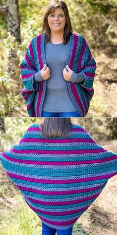 a woman is standing in the woods with her back to the camera and wearing a colorful knitted shawl