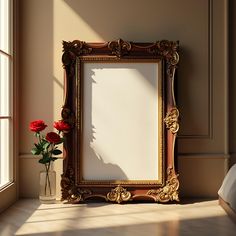 an empty gold frame next to a vase with red flowers