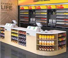 an image of a grocery store display with food items on it's shelves and in front of the counter