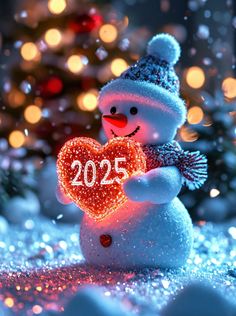 a snowman holding a heart shaped light in front of a christmas tree with lights