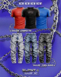 three men's jeans with chains on them