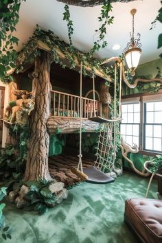 a room with a tree house bed and swing set