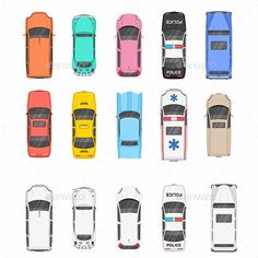 an overhead view of different colored police cars - miscellaneous objects / transportation conceptual, clip art