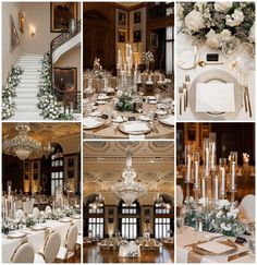 a collage of photos with white flowers and chandeliers in the centerpieces