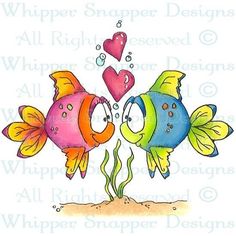 two colorful fish with hearts floating out of them