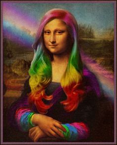 a painting of a woman with long hair and multicolored hair, holding her hands on her chest