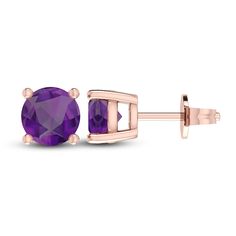 Vibrant, regal, and February's birthstone, these beautiful solitaire earrings showcase round-cut amethysts. The earrings are crafted in dreamy 10K rose gold and secure with friction backs. Rose Gold Round Birthstone Earrings, Rose Gold Birthstone Round Earrings, Rose Gold Birthstone Earrings, Solitaire Earrings, Kay Jewelers, Loose Stones, Purple Stones, February Birth Stone, Accessories Jewelry Earrings