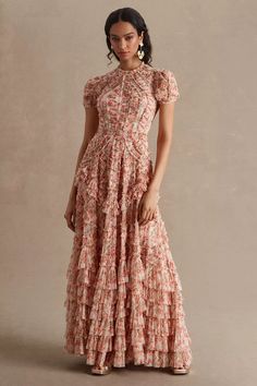 Mac Duggal High-Neck Puff-Sleeve Mesh Ruffle Gown | Anthropologie Different Bridesmaid Dresses, Printed Bridesmaid Dresses, Ruffled Gown, Mesh Gown, Ruffle Gown, 60's Dress, Affordable Bridesmaid Dresses, Black Tie Dress, Ruffled Skirt