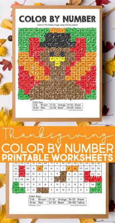 the thanksgiving color by number printable worksheet is shown with fall leaves around it