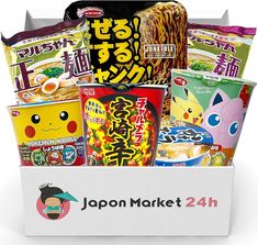 an open box filled with japanese snacks and other food items in front of a sign that reads japan market 24h