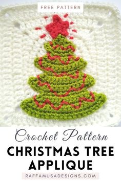 crochet christmas tree applique with text overlay that reads, crochet pattern christmas tree applique