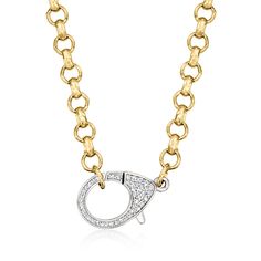 Ross-Simons - Italian .50ct t. w. Cubic Zirconia Oversized Lobster Clasp Necklace, Gold Over Sterling. 18". From Italy, this chic 18kt yellow gold over sterling silver rolo-link necklace adds perfect shine and on-trend style to your look with an oversized lobster clasp centerpiece sparked by .50 ct. t. w. round brilliant-cut CZs set in sterling silver. CZ oversized lobster clasp necklace. CZ weights are diamond equivalents. Clasp Necklace, Sterling Jewelry, Trend Style, Timeless Jewelry, Link Necklace, Necklace Gold, Round Brilliant, Lobster Clasp, Cubic Zirconia