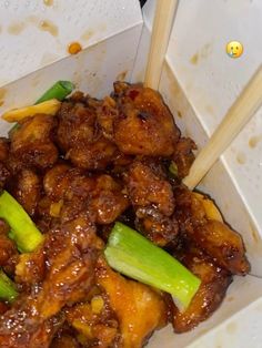 chicken and celery with chopsticks in a container