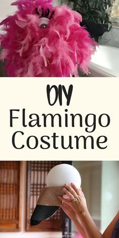 a collage of photos with the words diy flamingo costume on it and an image of a woman's hand holding a hat