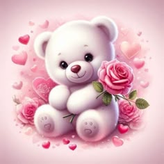 a white teddy bear with pink roses on it's chest and hearts in the background