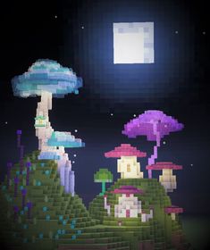 an image of a pixel art scene with mushrooms in the night sky and stars above