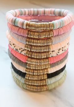 Cheap Stackable Heishi Beads Bracelets, Diy Heishi Bead Bracelet Tutorial, Cute Heishi Bracelets Ideas, Trendy Stackable Heishi Bead Bracelets, Handmade Heishi Beads Bangle Bracelet, Handmade Heishi Beads Playful Bracelets, Fun Colorful Heishi Beads Jewelry, Heishi Bracelet Ideas, Clay Bead Bracelet Ideas