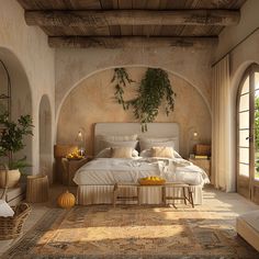 Mediterranean-inspired bedroom retreat with a delightful array of calming scents that evoke the natural fragrances of the Mediterranean, promoting relaxation and serenity Spanish Coastal Bedroom, Villa Bedroom Aesthetic, Midetteranean Interior, Bedroom Inspirations Mediterranean, Italian Villa Aesthetic Bedroom, Mederteranian Bedroom, Modern Medditerean Decor, Spanish Farmhouse Bedroom, Mediterranean House Bedroom