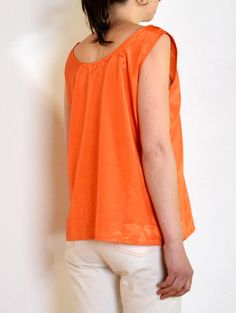 90's Thai Silk Top Bright Orange Minimalist Sleeveless - Etsy Poland Sleeveless Silk Tops For Summer, Silk Summer Tank Top, Orange Silk Tops For Spring, Orange Silk Top For Spring, Spring Orange Silk Top, Casual Sleeveless Silk Top, Orange Stretch Summer Tops, Chic Orange Sleeveless Blouse, Summer Orange Cotton Blouse