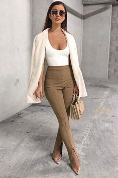 Camel Split Front Flared Trousers - Florie – Rebellious Fashion Dress Pants Outfits, Legging Outfits, Flared Trousers, Cute Blouses, Work Outfits Women, Professional Outfits, Business Casual Outfits, Business Outfits, Outfits With Leggings