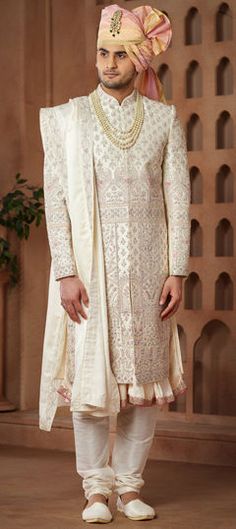 White and Off White color Sherwani in Art Silk fabric with Bugle Beads, Embroidered, Sequence work White Anarkali Sherwani For Reception, Cream Anarkali Sherwani For Wedding, Anarkali Style Cream Sherwani For Wedding, White Ceremonial Lehenga For Eid, White Churidar With Intricate Embroidery For Reception, White Embroidered Churidar For Reception, White Resham Embroidery Lehenga For Ceremonial Occasions, White Bollywood Anarkali Set For Ceremonial Occasions, Anarkali Sherwani With Pallu For Ceremonial Occasions