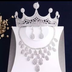 Beautiful Bridal Set Includes Tiara, Necklace, And Earrings. Bright Sparkling Crystal. All New, Never Worn. White Crown Jewelry For Party, Elegant Crown Shaped Wedding Necklaces, Elegant Crown-shaped Wedding Necklaces, White Crown-shaped Party Jewelry, White Crown Jewelry For Wedding, Hair Accessories Crown, Bride Hair Jewelry, Arabic Wedding, Bride Jewelry Set