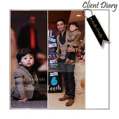 a man holding a child in his lap while standing next to a sign that says client diary