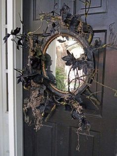 a mirror hanging on the front door of a house with vines and leaves around it