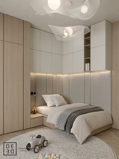 a bedroom with a bed, nightstands and lamps on the ceiling is shown in this image