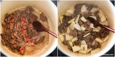 two pictures showing the same food being cooked in a pot with spoons and potatoes