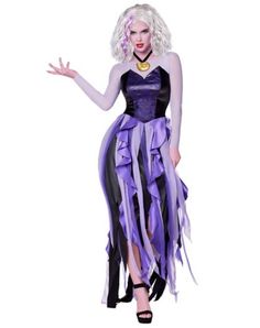 Dress up like a fierce sea witch in this official Disney Villains Ursula Costume! With her bold black and purple dress, wig and necklace, you'll be the spitting image of this powerful character from The Little Mermaid. Get ready to recite your favorite lines and use your dark magic skills when you take a turn as Ursula this Halloween. Officially licensed Includes: Dress Wig Necklace Sweetheart neckline Long sleeves Asymmetrical hem Material: Polyester, spandex (exclusive of decoration) Care: Spot clean Imported Adult Ursula Costume, Female Villain Costumes, Adult Disney Costumes, Halloween Spirit Store, Ursula Costume, Movie Character Costumes, Costume Disney, Villain Costumes, Female Villains