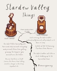 an old poster with the words stardew valley things written in black and white