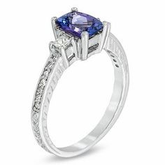 Cushion-Cut Tanzanite and 1/4 CT. T.W. Diamond Engagement Ring in 14K White Gold | Engagement Rings | Wedding | Zales Antique Art Deco Jewelry, Tanzanite Engagement Ring, Tanzanite Necklace, Tanzanite Diamond Ring, Indie Jewelry, Tanzanite Diamond, Tanzanite Ring, Dream Engagement, Dream Engagement Rings