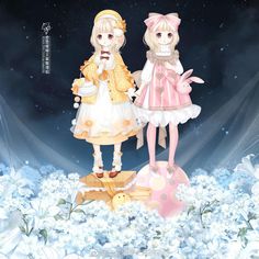 two dolls standing next to each other on top of snow covered ground with flowers in the background