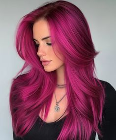 Curly hair in a bright flamingo pink, offering a bold and energetic look. Perfect for a vibrant and lively style. Bright Pink Hair Dark Roots, Pink Rose Hair Color, Pink Hair Costume Ideas, Dyed Hair With Bangs, Bright Coloured Hair, Bright Hair Color Ideas, Fuschia Hair, Neon Pink Hair