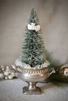 Teacup Christmas, Vintage Centerpiece, Silver Christmas Decorations, Vintage Rhinestone Necklace, Shabby Tree