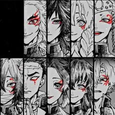 some anime characters with blood on their eyes and nose, all in black and white